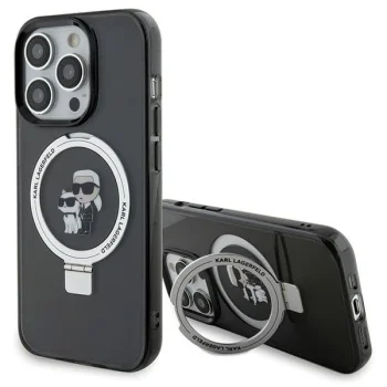 Karl Lagerfeld iPhone 15 Pro vāciņš Ring Stand Karl & Choupette MagSafe, melns