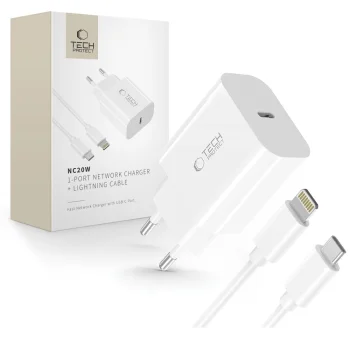 Tech-Protect NC20W tīkla lādētājs 20W ar USB-C / Lightning kabeli 100 cm, balts