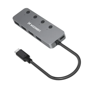 Wozinsky WHS080YSS 4 portu USB-A 3.0 centrmezgls ar slēdžiem un USB-C kabeli, pelēks