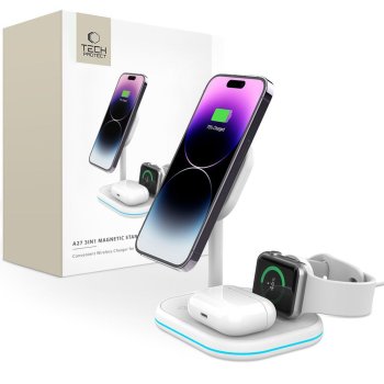 Tech-Protect QI15W-A27 3-in-1 induktīvā lādētājs ar MagSafe statīvu viedtālrunim / Apple Watch / AirPods - balts
