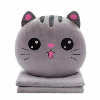 3-in-1 Plush Cat Pillow and Blanket Set DA524, Grey