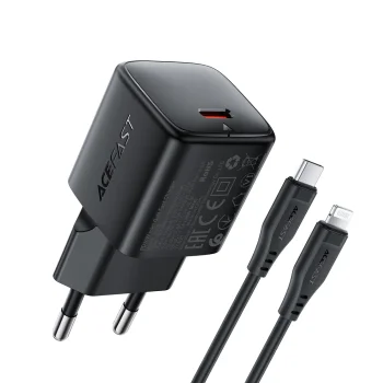 Acefast A118 C-L 30W GaN USB-C Charger with Lightning Cable, Black