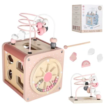 Wooden Educational Activity Cube 5-in-1 with Bead Maze, Pink