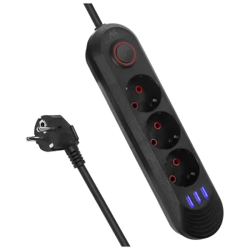 Maclean MCE394 B Pagarinātājs ar 3 ligzdām un 3xUSB, 1.5m, 2500W, Melns