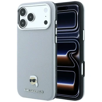 Чехол Karl Lagerfeld Grained Karl Head Metal MagSafe для iPhone 18 Pro Max / 17 Pro Max, серый