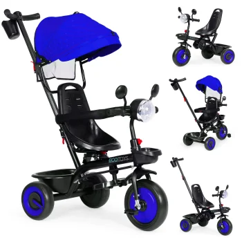 ECOTOYS bērnu trīsritenis 3in1 ar grozāmu sēdekli un jumtiņu, zils