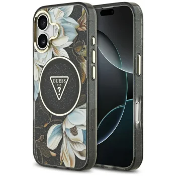 Чехол Guess IML Glitter Flowers Triangle MagSafe для iPhone 17 — черный