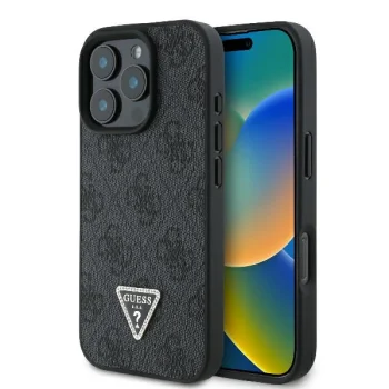 Guess iPhone 16 Pro Max vāciņš Leather 4G Triangle Strass MagSafe, melns