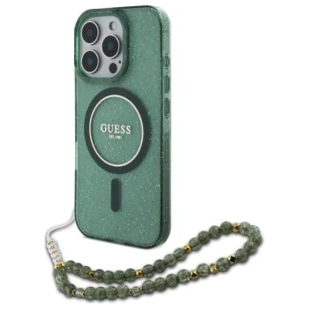 Чехол Guess для iPhone 16 Pro Max IML Glitter With Pearl Strap MagSafe, зеленый