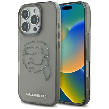 Karl Lagerfeld IML Rhinestones Karl Head vāciņš iPhone 16 Pro, Melns