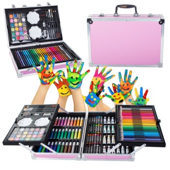 Art set for kids in carry case, 145 pieces, pink