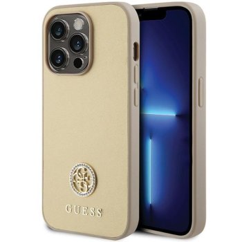 Guess iPhone 15 Pro vāciņš 4G Metal Logo Strass, zelta