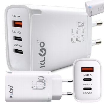 65W sienas lādētājs ar 3 portiem USB-A USB-C, ātrā uzlāde, balts
