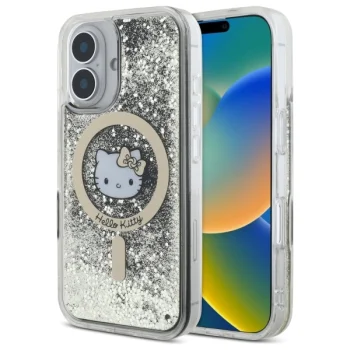 Чехол Hello Kitty для iPhone 16 Liquid Glitter Fever MagSafe, золотой