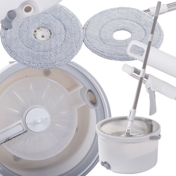 Rotējošais grīdas mops 360 Spin ar spaini un riteņiem, 2 mikrošķiedras uzgaļi, balts