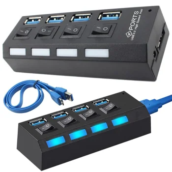 USB centrmezgls 4x USB 3.0 ar slēdžiem, melns