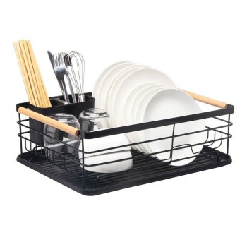 Vienlīmeņa trauku žāvējamais plaukts ar koka rokturiem un noņemamu notekpaplāksni melns