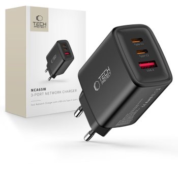 Tech-Protect NCA65W-GAN 3-portu 65W sienas lādētājs – melns