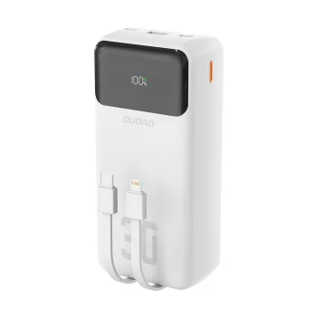 Dudao K15Max 30000mAh 22.5W Ārējais akumulators ar USB-C un Lightning kabeļiem, Balts