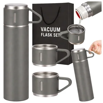 Travel Thermos 400ml with 3 Cups Stainless Steel, Grey