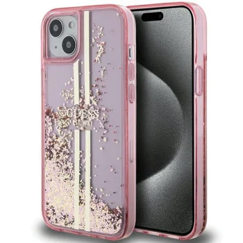 Guess iPhone 15 Plus / 14 Plus vāciņš Liquid Glitter Gold Stripes, rozā
