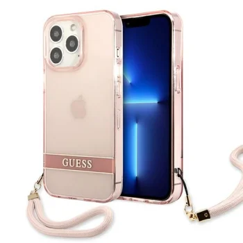 Guess Translucent Stap Case for iPhone 13 Pro Max with Wrist Strap, Pink