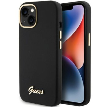 Guess iPhone 15 Pro vāciņš Silicone Script Metal Logo & Frame, melns