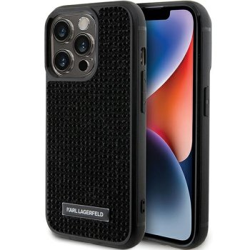 Apple iPhone 15 Pro 6.1" Karl Lagerfeld Rhinestone Logo Metal Plate Case Cover, Black