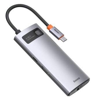 Baseus Metal Gleam 6‑в‑1 USB‑C – USB‑C PD 100W HUB 1x HDMI 4K 30Hz 3x USB‑A 3.2 1x RJ45 – серый