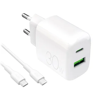 Puro PROLITE 30W USB-A / USB-C sienas lādētājs + USB-C – USB-C kabelis 1,2 m – balts