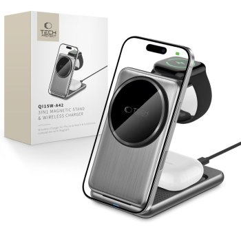 QI15W-A42 3in1 induktīvā lādētava ar MagSafe Apple ierīcēm – pelēka