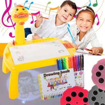 Children’s drawing projector with table, markers, yellow