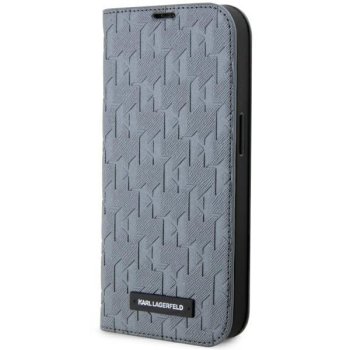 Karl Lagerfeld iPhone 14 Pro Max atverams vāciņš maciņš grāmatiņa Saffiano Monogram, sudraba