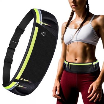 Ultimate Reflective Stripe Running Fitness Belt Waist Pack Bag with Headphone Outlet, Black-Green | Skriešanas...