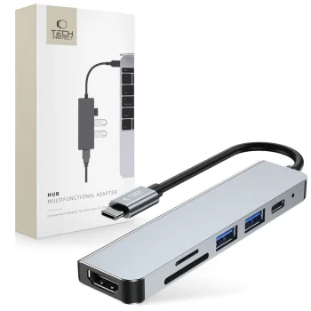 Tech-Protect V4 6-in-1 USB-C centrmezgls (HDMI, USB-A, SD/TF) - Pelēks