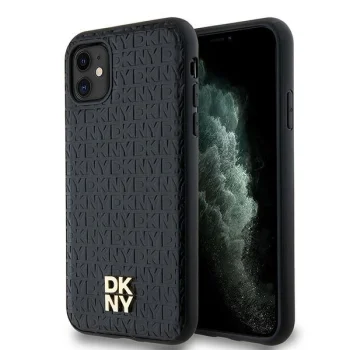 DKNY iPhone 11 / XR Case Leather Monogram Pattern Metal Logo MagSafe, Black