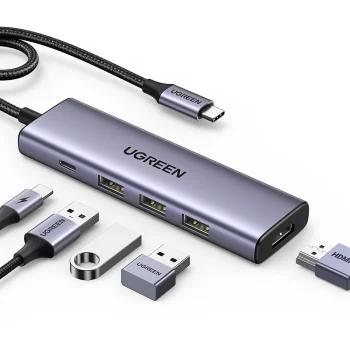 Ugreen CM511 5-vienā USB-C centrmezgls (HUB) - HDMI, 3x USB 3.0, PD - pelēks