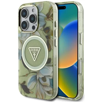 Guess Glitter Flowers Triangle Buttons MagSafe vāciņš iPhone 16 Pro Max, zaļš | Phone Case Cover