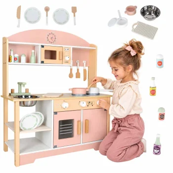 Bērnu koka rotaļu virtuve MODERN CLASSIC ar piederumiem 81 cm, rozā