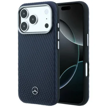 Mercedes Leather Semi Wrap Wood Effect MagSafe vāciņš iPhone 17 Pro, Tumši zils
