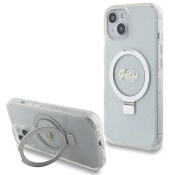 Guess Ring Stand Script Glitter MagSafe case for iPhone 15 / 14 / 13 - transparent