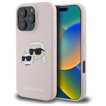 Karl Lagerfeld silikona vāciņš ar galvu apdruku un MagSafe priekš iPhone 16 Pro Max - Rozā | Silicone Case Heads...