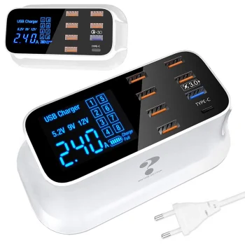 Ātrais lādētājs 8 x USB ar QC 3.0 un Type-C, 40W, balts
