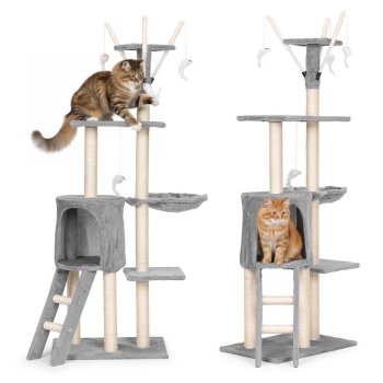 Kaķu skrāpējamais koks Petsi ar mājiņu un guļvietu 134 cm, pelēks