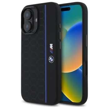 Чехол BMW для iPhone 16 Silicone Hexagon Blue Line MagSafe, черный