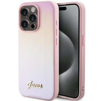 Guess iPhone 14 Pro vāciņš Saffiano Iridescent Script, rozā