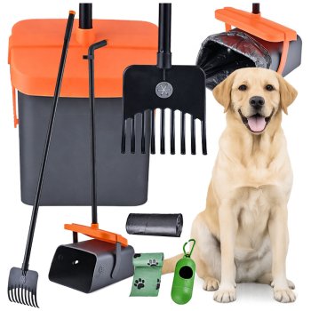 Dzīvnieku atkritumu savācējs ar garu rokturi un grābekli