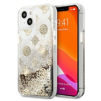 Guess iPhone 13 mini Case Peony Liquid Glitter, Gold