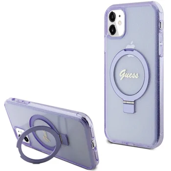Чехол Guess для iPhone 11 / XR Ring Stand Script Glitter MagSafe, фиолетовый