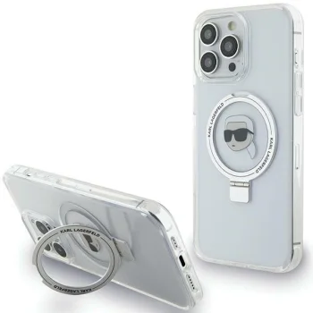 Karl Lagerfeld iPhone 15 Pro Max vāciņš Ring Stand Karl Head MagSafe, balts